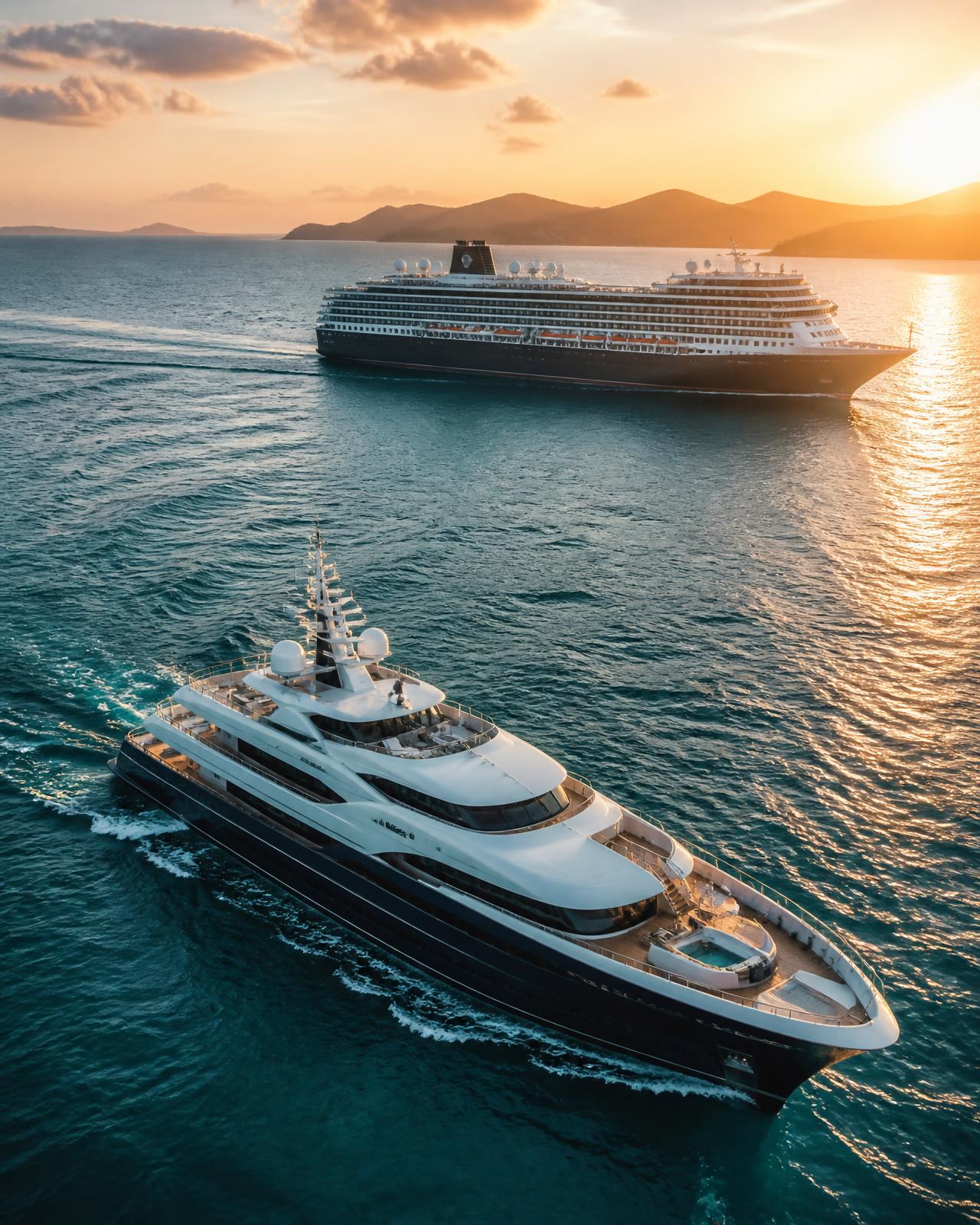 A superyacht and a cruise ship sailing on turquoise ocean at golden hour